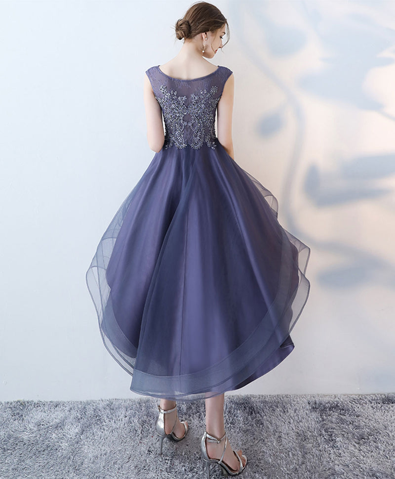 Purple Round Neck lace Tulle High Low Prom Dress, Homecoming Dress