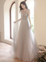 Gray Round Neck Tulle Beads Long Prom Dress, Gray Evening Dress