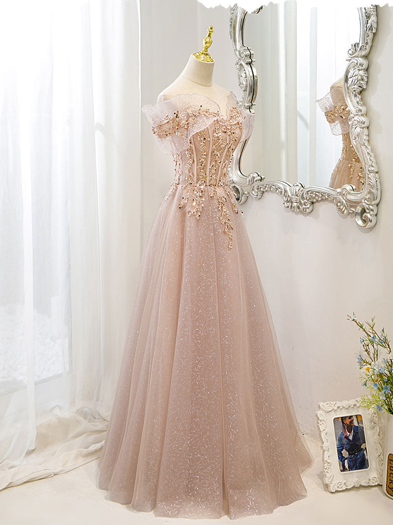 Champagne Tulle Lace A line Long Prom Dress, Lace Champagne Evening Dress