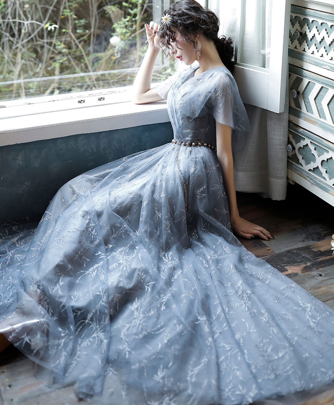 Gray Blue V Neck A-Line Tulle Long Prom Dress Gray Blue Tulle Formal Dress
