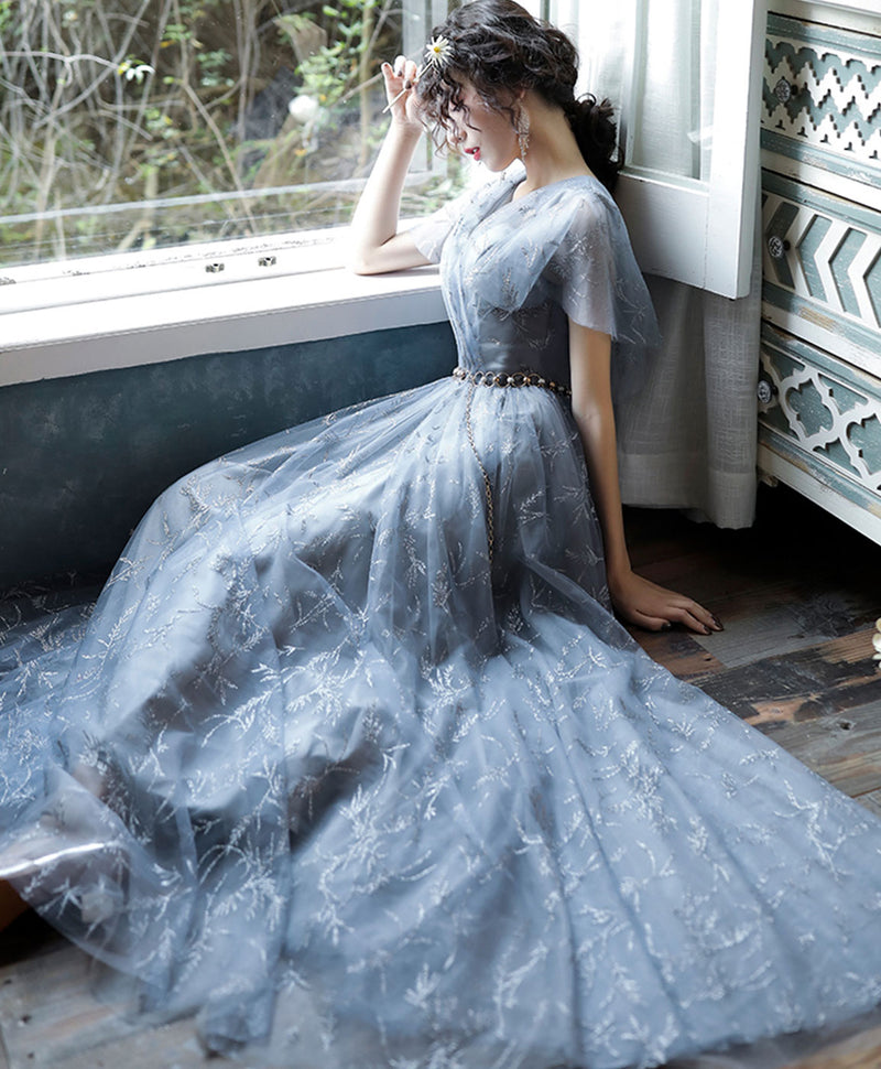 Gray Blue V Neck A-Line Tulle Long Prom Dress Gray Blue Tulle Formal Dress