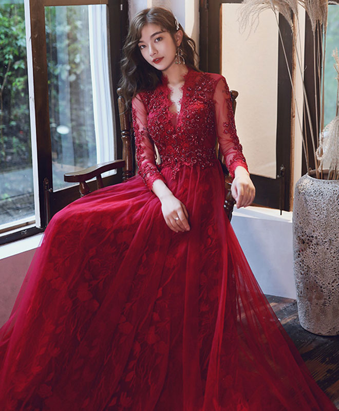 Burgundy V Neck Tulle Lace Long Prom Dress Burgundy Lace Evening Dress