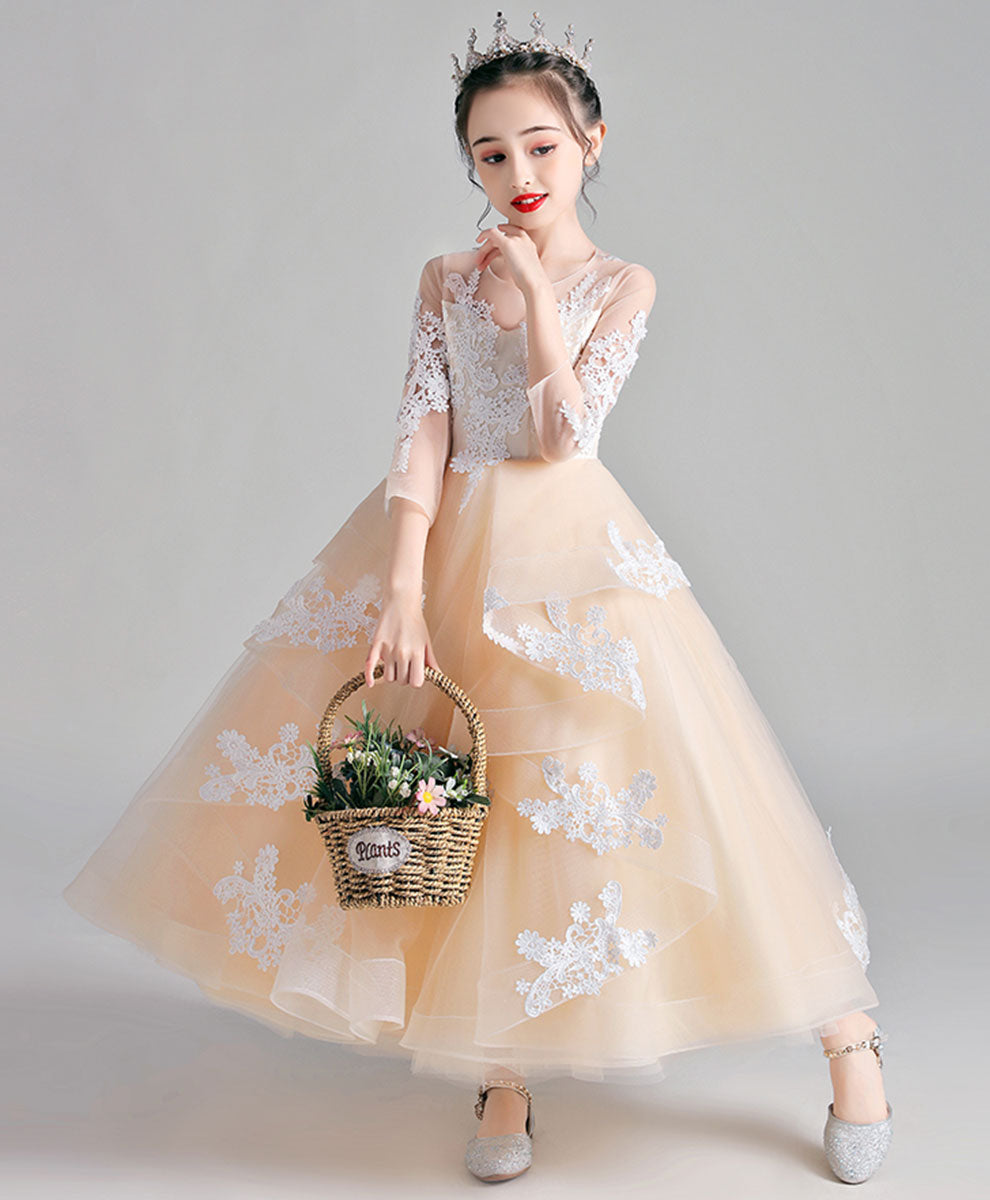 Champagne Round Neck Tulle Lace Flower Girl Dress