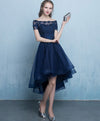 Dark Blue Lace Tulle Short Prom Dress, High Low Evening Dress