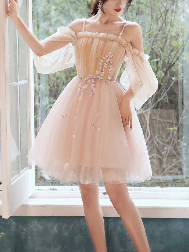Champagne Tulle Lace Short Prom Dress, Tulle Lace Puffy Homecoming Dress