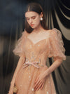 Champagne A-line Tulle Long Prom Dress Champagne Evening Dress