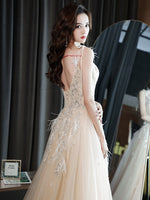 Champagne V Neck Tulle Sequin Lace Long Prom Dress, Champagne Evening Dress