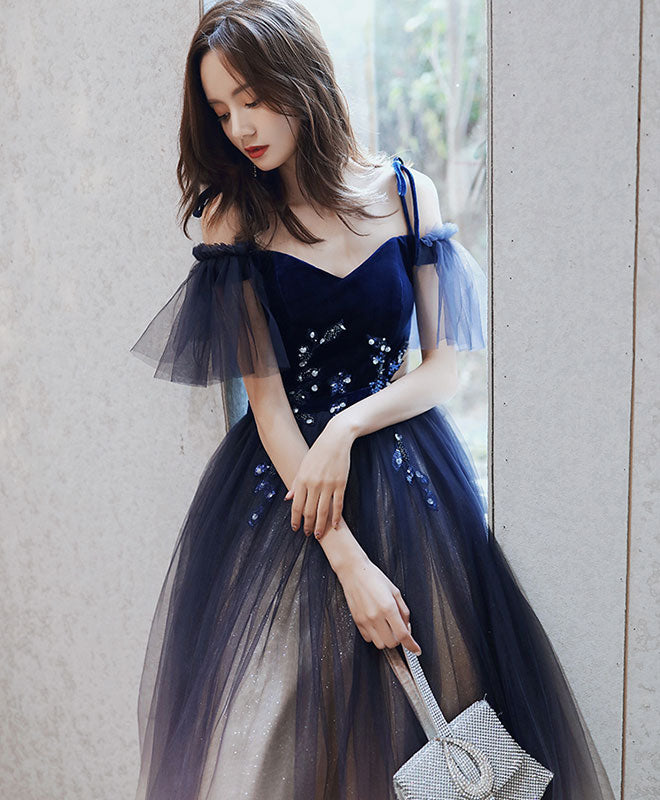Blue Sweetheart Tulle Off Shoulder Long Prom Dress Blue Evening Dress