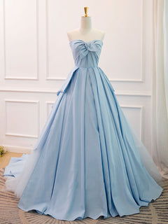 A-Line Sweetheart Neck Satin Tulle Blue Long Prom Dress, Blue Evening Dress