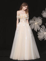 Champagne Tulle Lace Applique Long Prom Dress, Tulle Lace Evening Dress