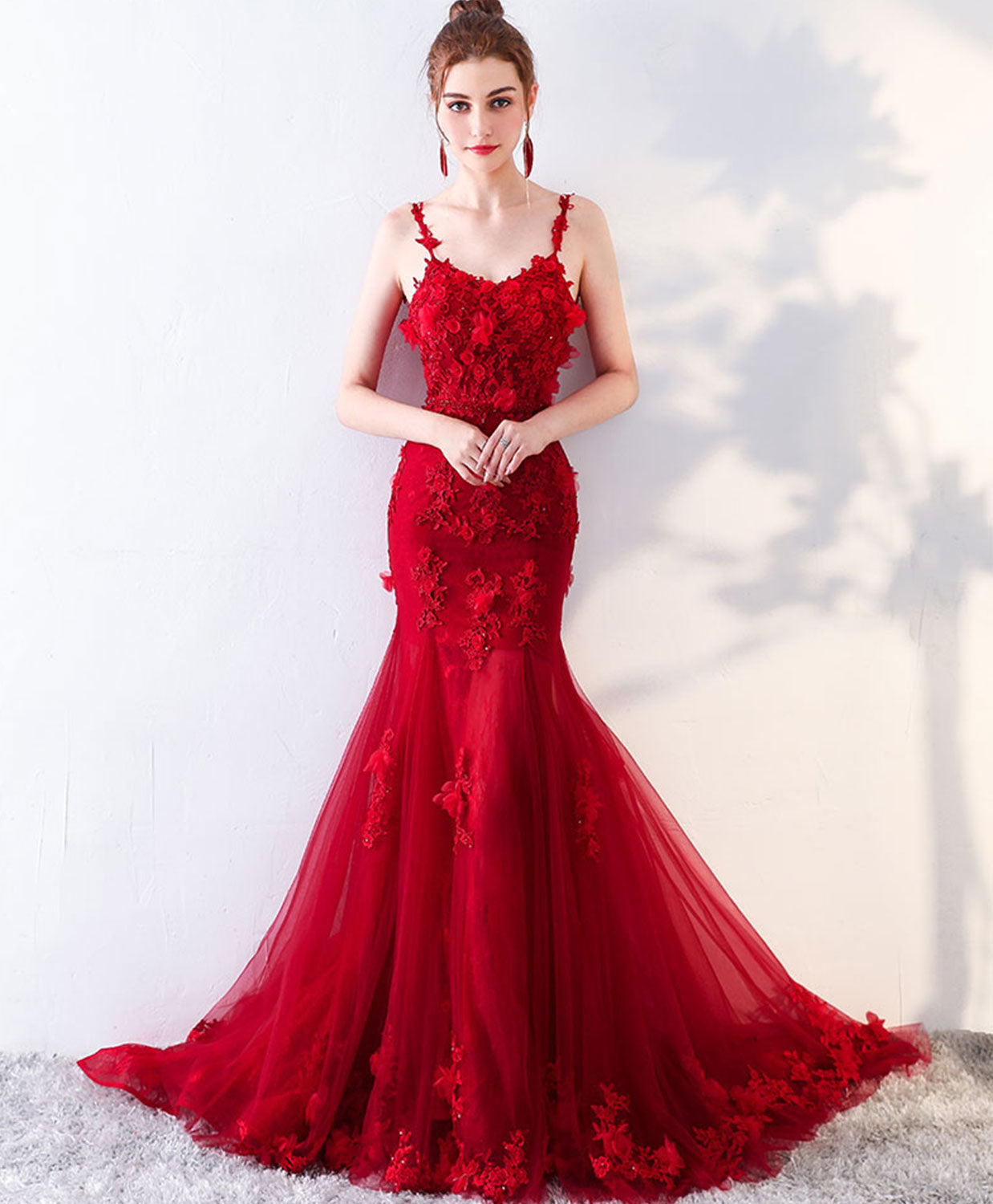Burgundy Mermaid Long Prom Dress, Lace Mermaid Lace Long Evening Dress shopluu Burgundy Mermaid Long Prom Dress, Lace Mermaid Lace Long Evening Dress shopluu