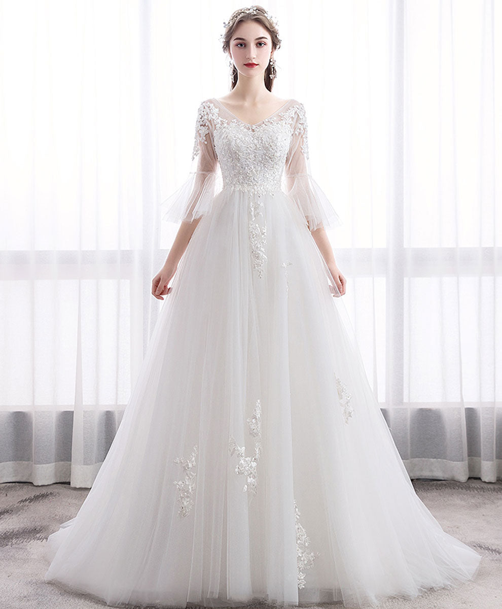 White V Neck Tulle Lace Long Wedding Dress, Lace Bridal Dress