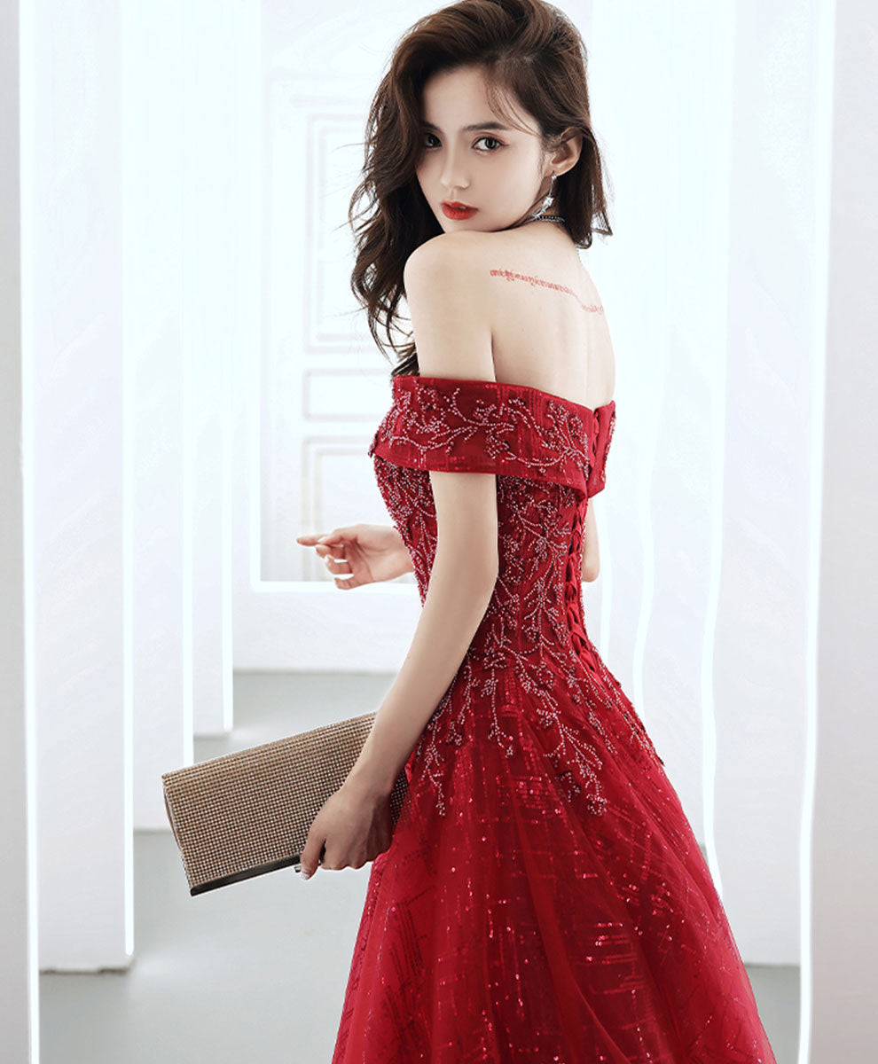 Burgundy Off Shoulder Tulle Lace Long Prom Dress, Burgundy Formal Party Dress