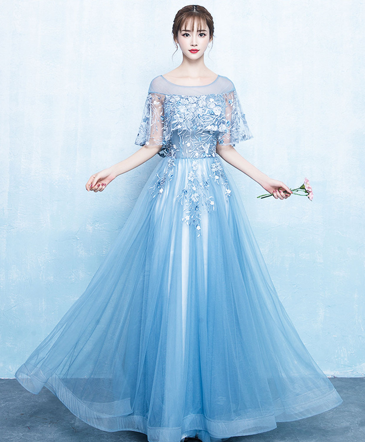 Blue Tulle Lace Long Prom Dress, Blue Tulle Evening Dress – shopluu