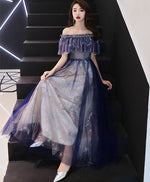 Blue Tulle Lace Tea Length Prom Dress, Blue Tulle Evening Dress