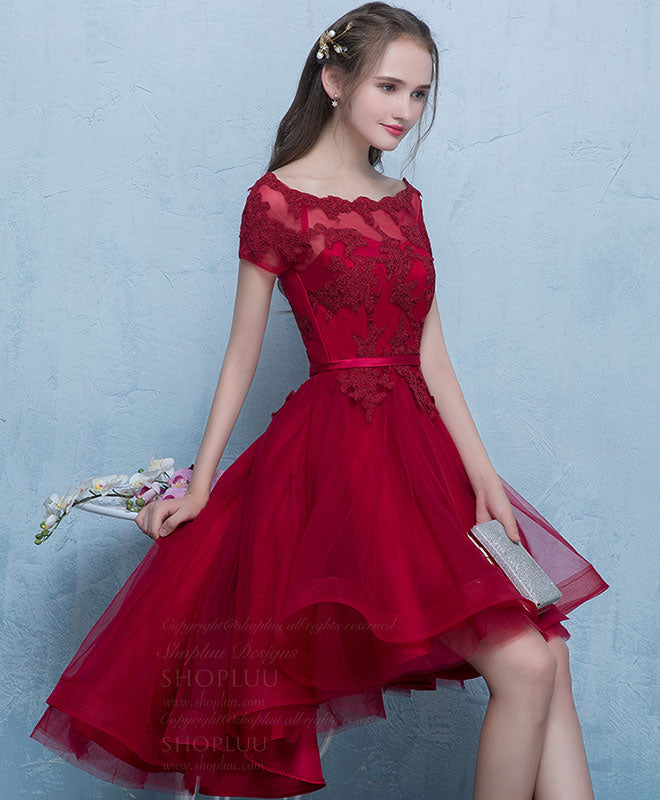 Burgundy Tulle Lace Short Prom Dress, Burgundy Homecoming Dress