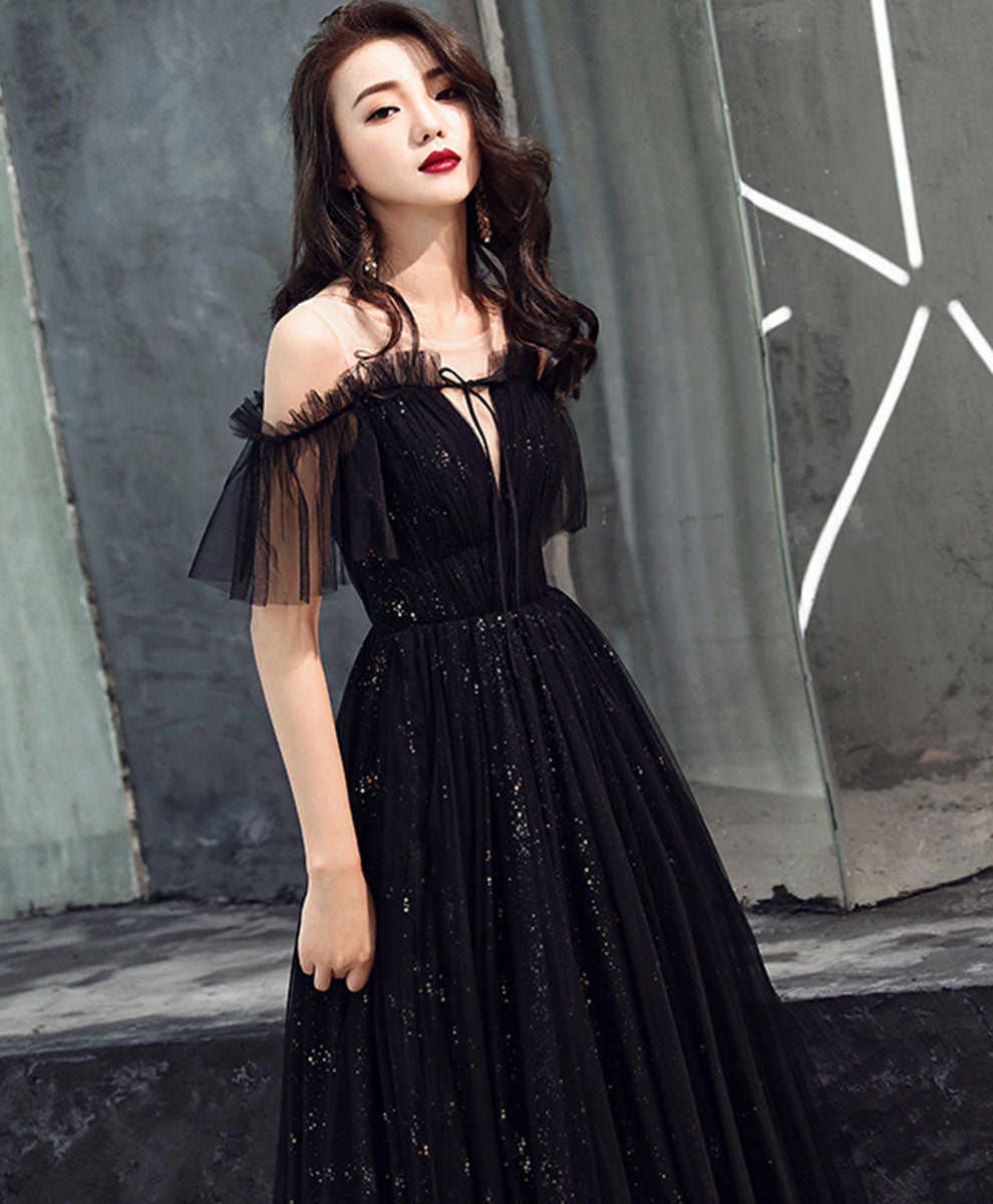 Black Tulle Off Shoulder Long Prom Dress Black Formal Dress