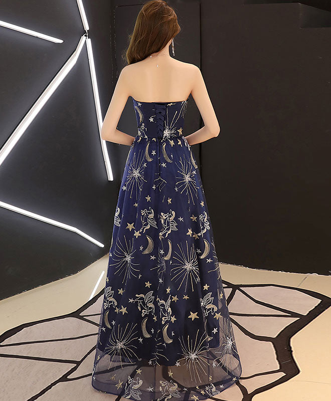 Dark Blue Tulle Lace Long Prom Dress, Blue Evening Dress
