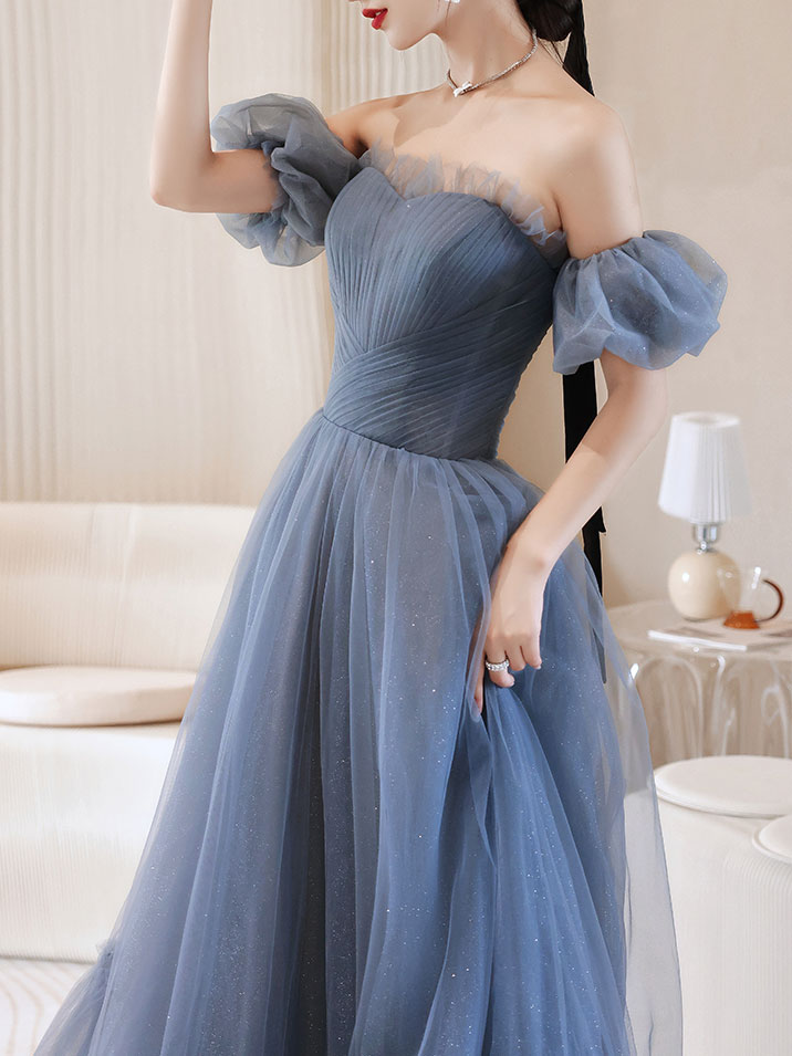 Gray Blue Tulle Off Shoulder Long Prom Dress, Gray Blue Evening Dress –  shopluu