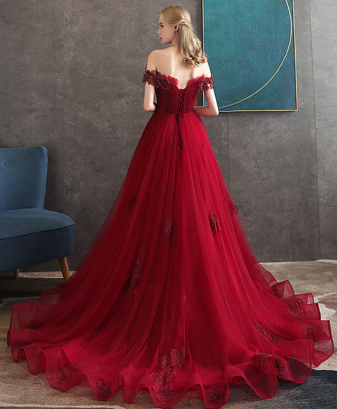 Burgundy Tulle Lace Long Prom Dress Burgundy Tulle Evening Dress