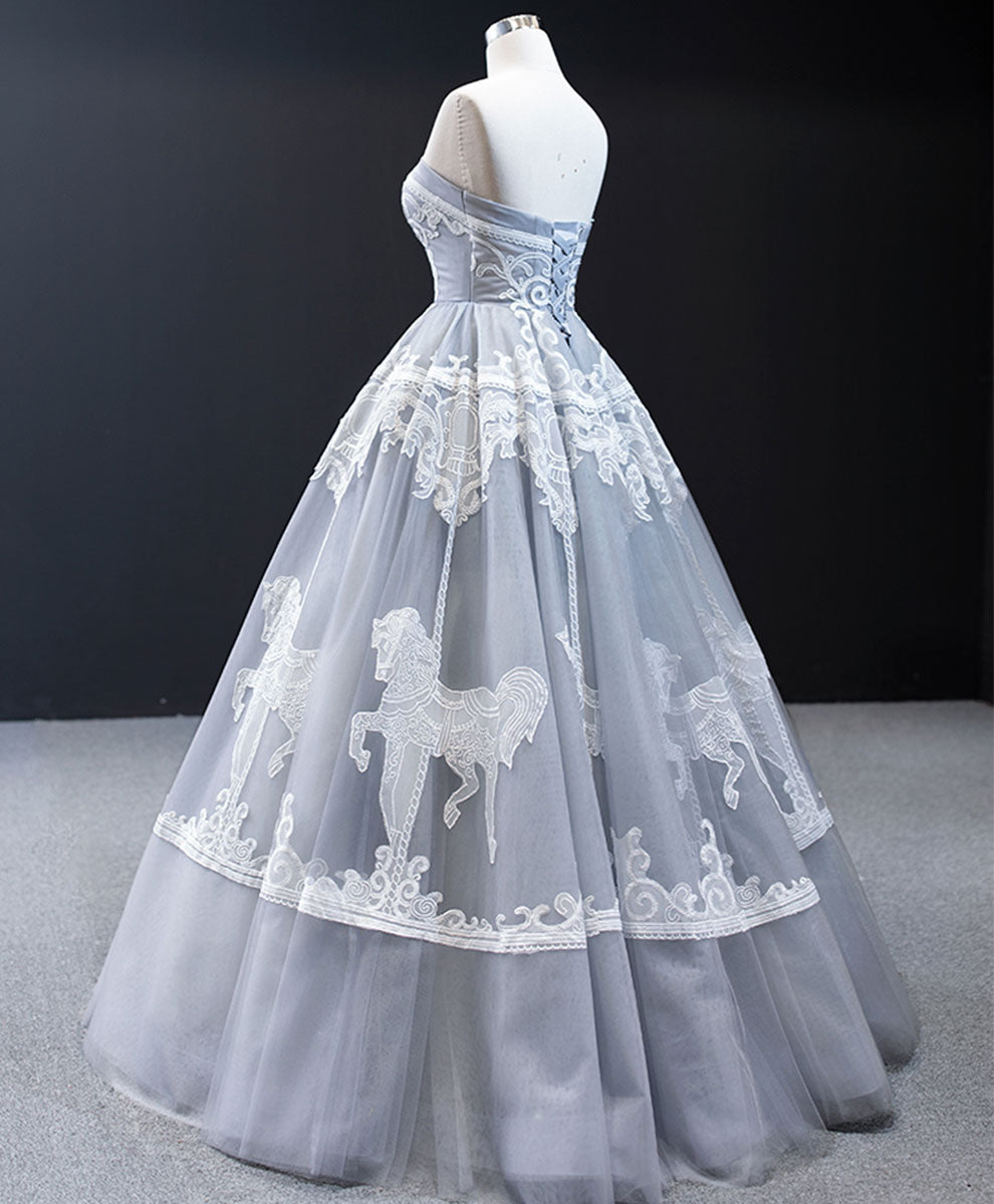 Gray Sweetheart Tulle Lace Long Prom Dress Gray Tulle Formal Dress