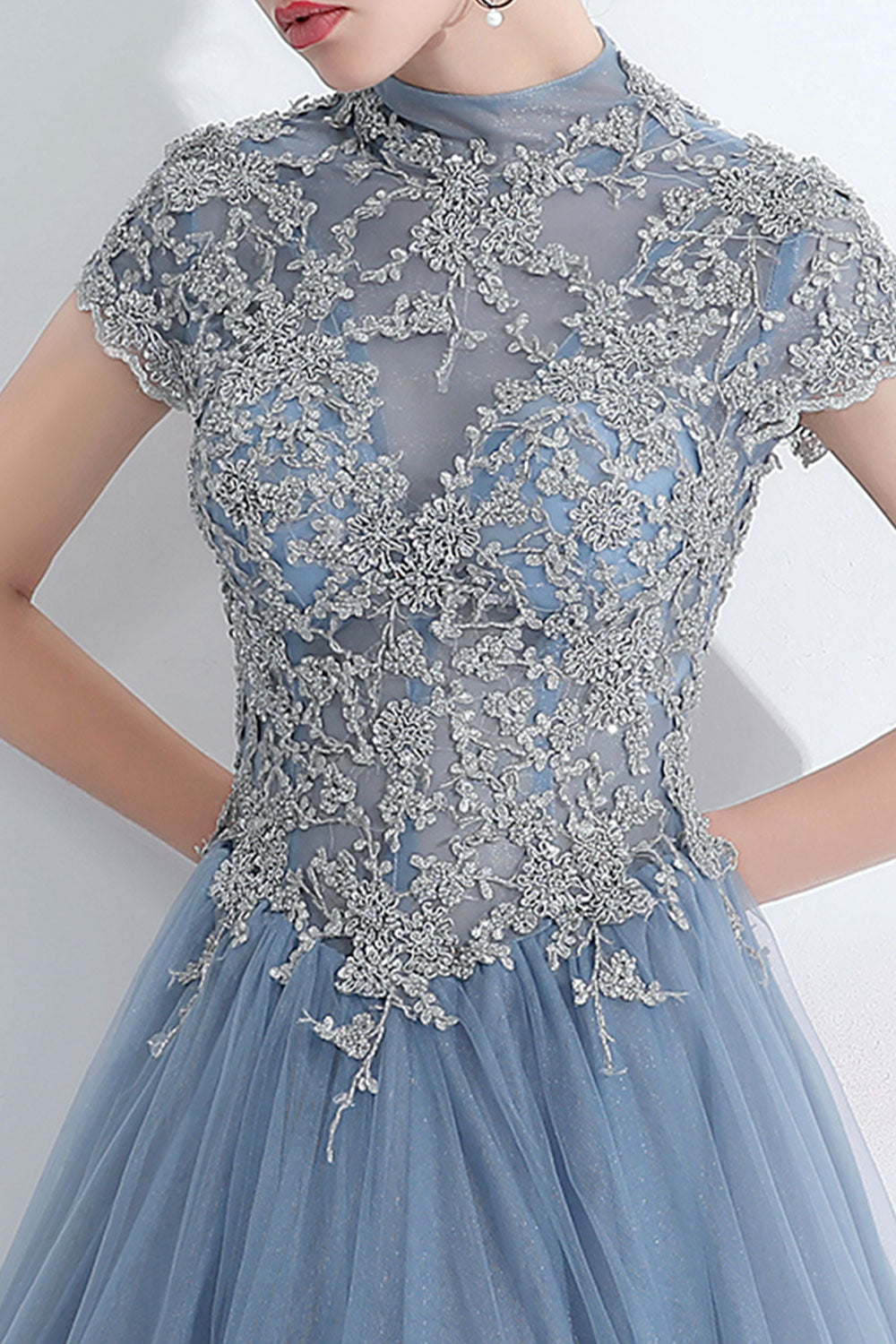 Gray Blue Round Neck Tulle Lace Long Prom Dress, Gray Blue Evening Dress