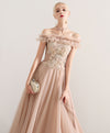 Champagne Tulle Lace Long Prom Dress, Champagne Tulle Evening Dress