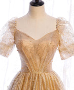 Gold Aline Tulle V Neck Long Prom Dress, Gold Formal Dresses