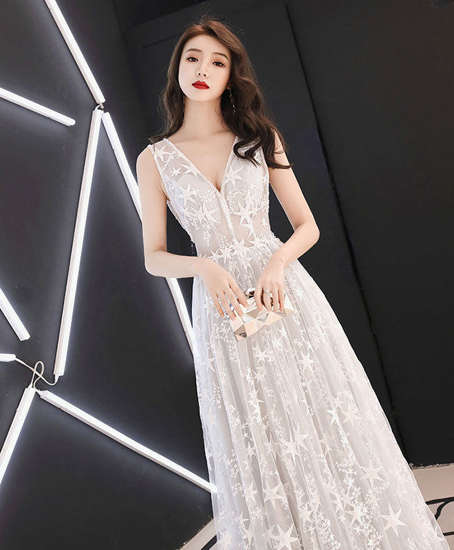 Gray Tulle Lace Long Prom Dress, Gray Lace Evening Dress