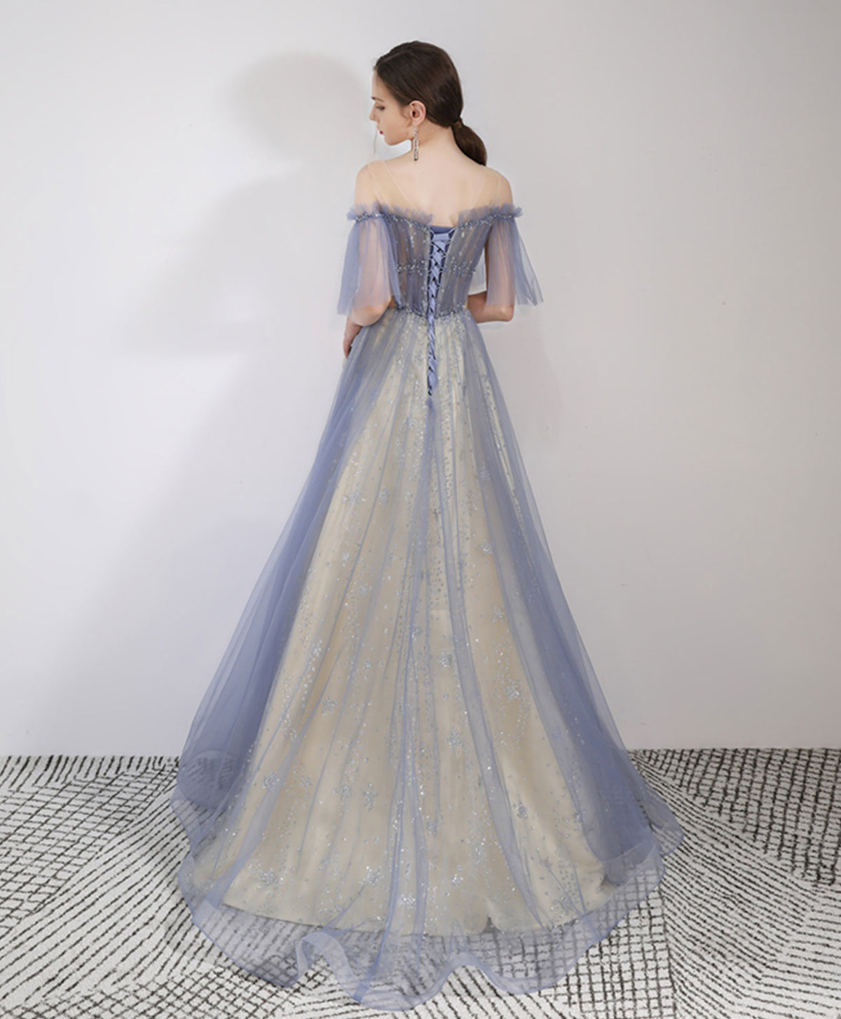 Blue Round Neck Tulle Lace Long Prom Dress, Blue Long Evening Dress
