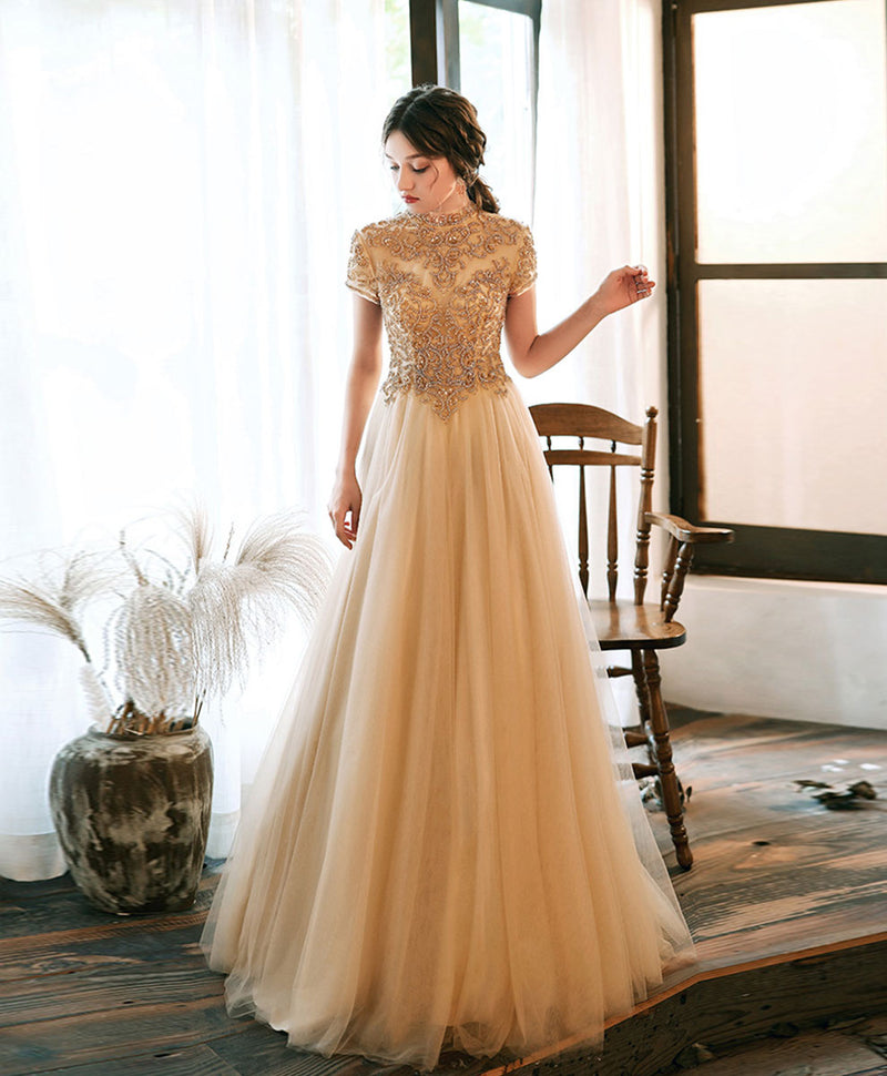 Champagne Tulle Beads Long Prom Dress Champagne Tulle Formal Dress