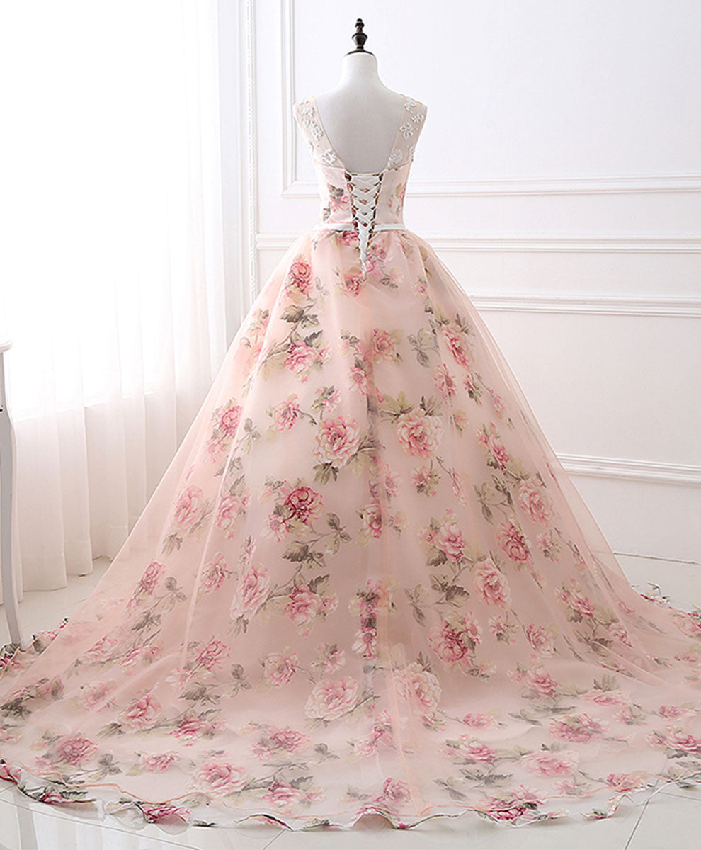 Pink Round Neck Tulle Lace Long Prom Dress Pink Long Evening Gown