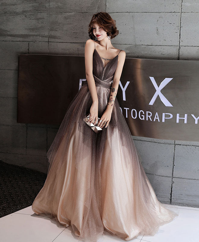 A-Line V Neck Tulle Long Prom Dress, Tulle Long Evening Dress