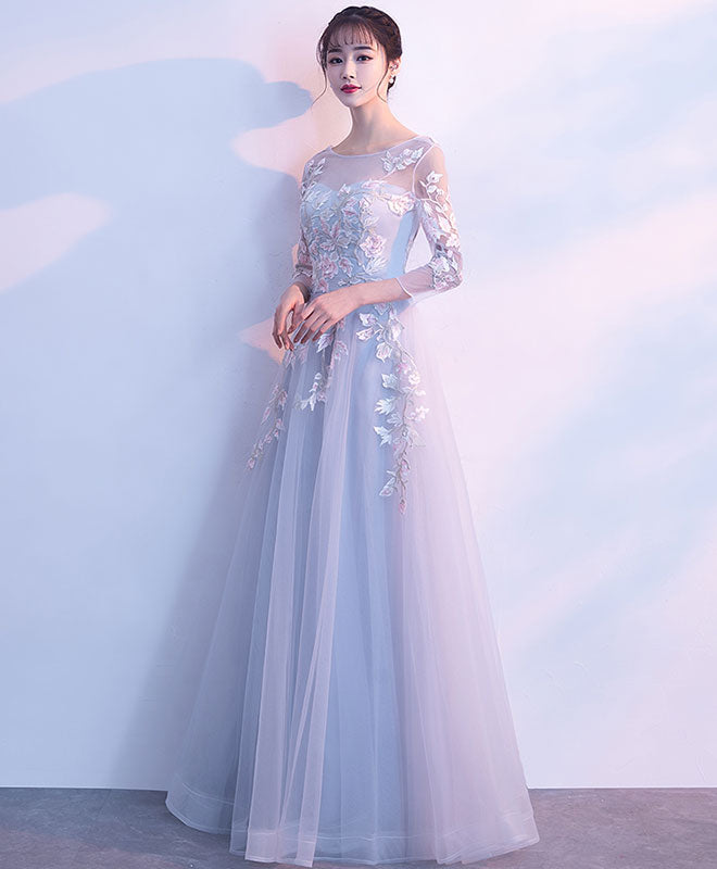 Gray Round Neck Tulle Lace Applique Long Prom Dress, Gray Evening Dress