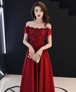 A-Line Burgundy Tulle Lace Long Prom Dress, Burgundy Tulle Bridesmaid Dress