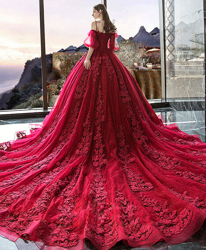 Burgundy Sweetheart Tulle Lace Long Evening Dress, Formal Dress – shopluu