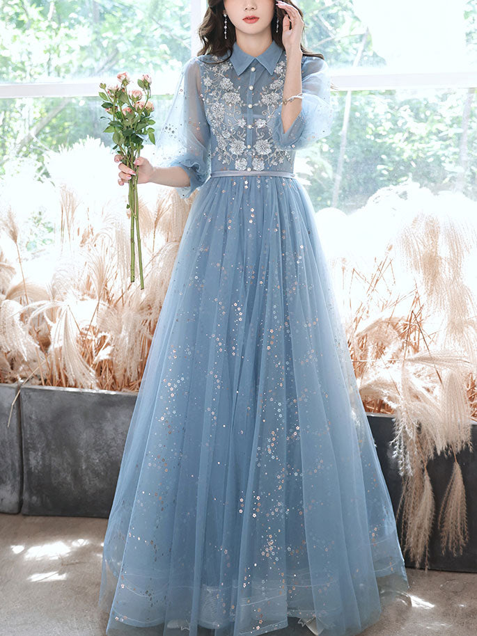 Blue Tulle Lace Sequin Long Prom Dress, A-line Blue Evening Dress