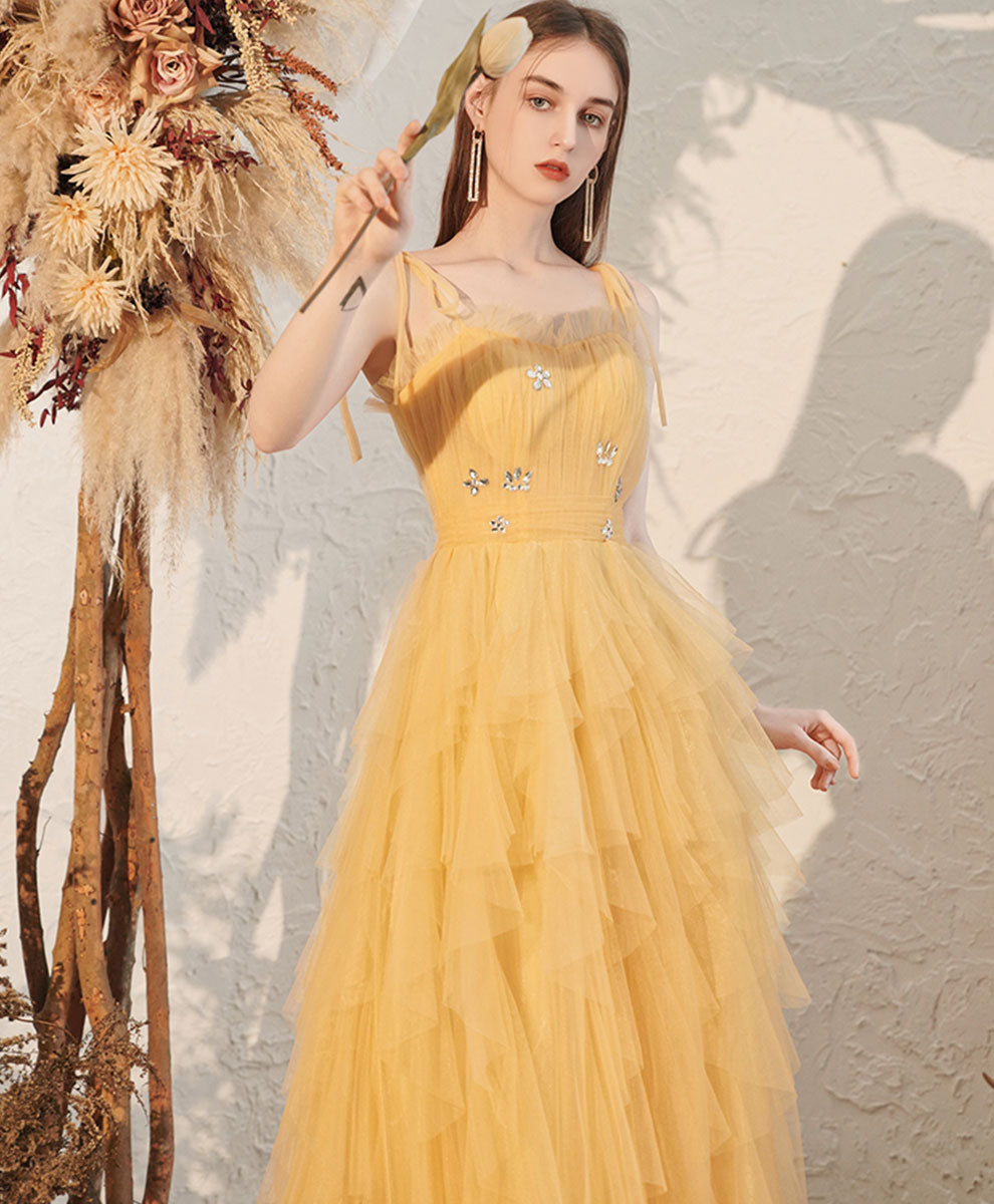 Yellow Sweetheart Tulle Long Prom Dress, A line Yellow Formal Graduation Dress