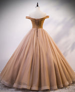 Champagne Sweetheart Off Shoulder Tulle Sequin Long Prom Dresses