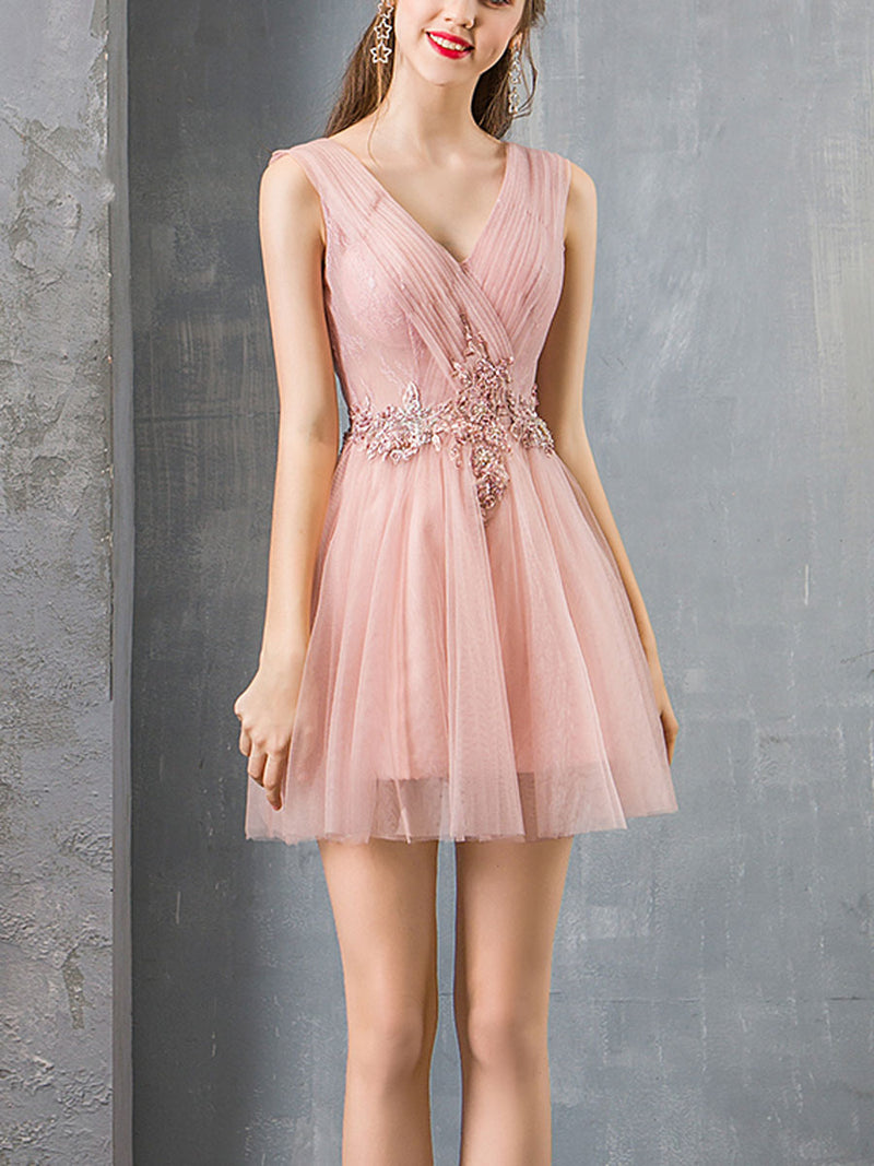 Pink V Neck Tulle Lace Short Prom Dress Pink Homecoming Dress
