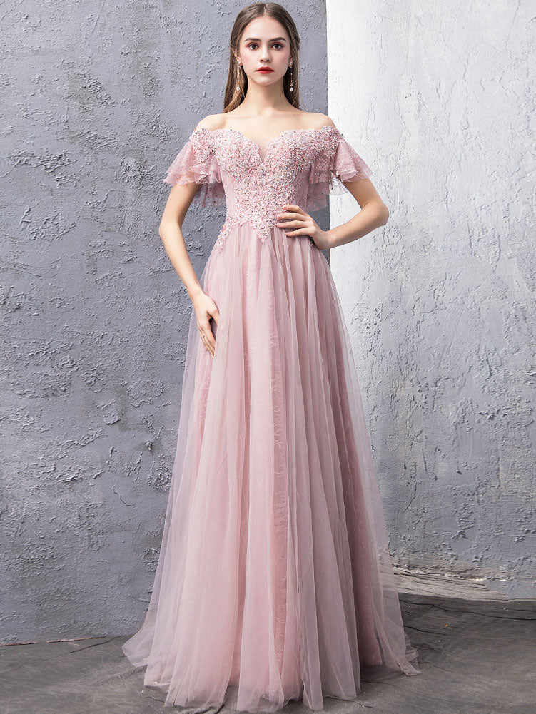 Pink Tulle Lace Off Shoulder Long Prom Dress, Pink Evening Dress