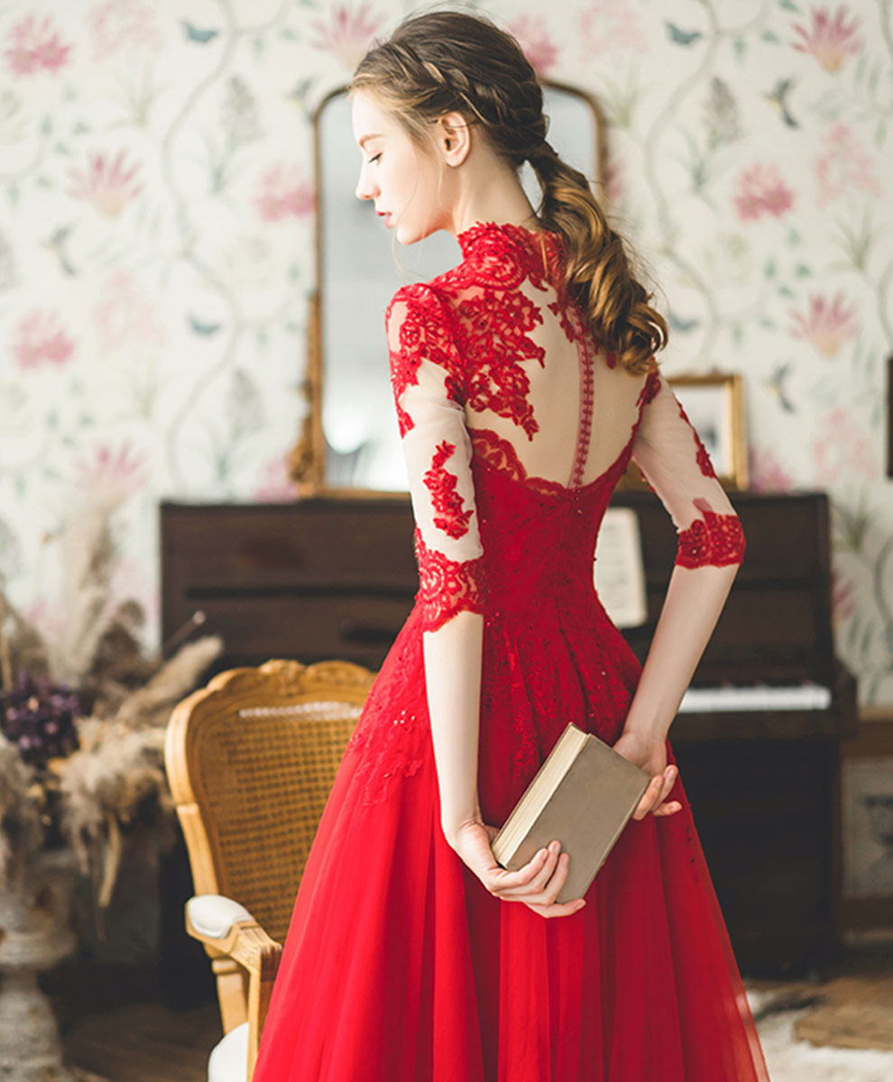 Red High Neck Tulle Lace Long Prom Dress, Red Lace Formal Dress