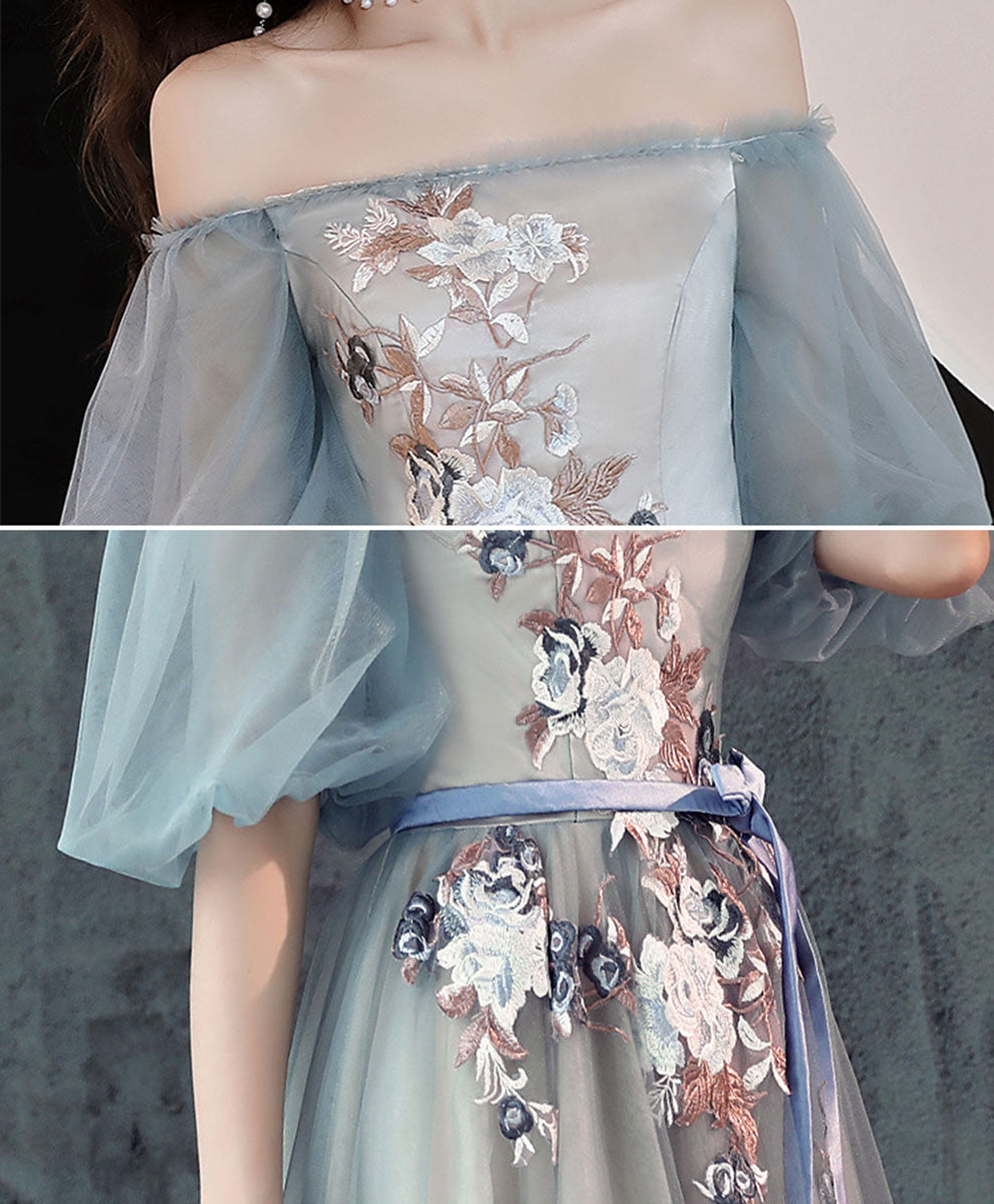 Gray Blue Tulle Lace Long Prom Dress, Gray Blue Evening Dress