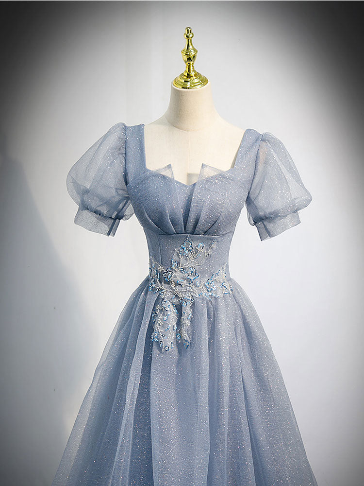 Gray Blue Tulle Long Prom Dress, Gray Blue Tulle Formal Evening Dresse ...