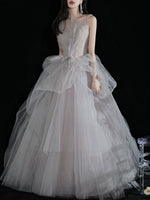Light Gray Tulle Lace Long Prom Dress, Tulle Lace Formal Dress