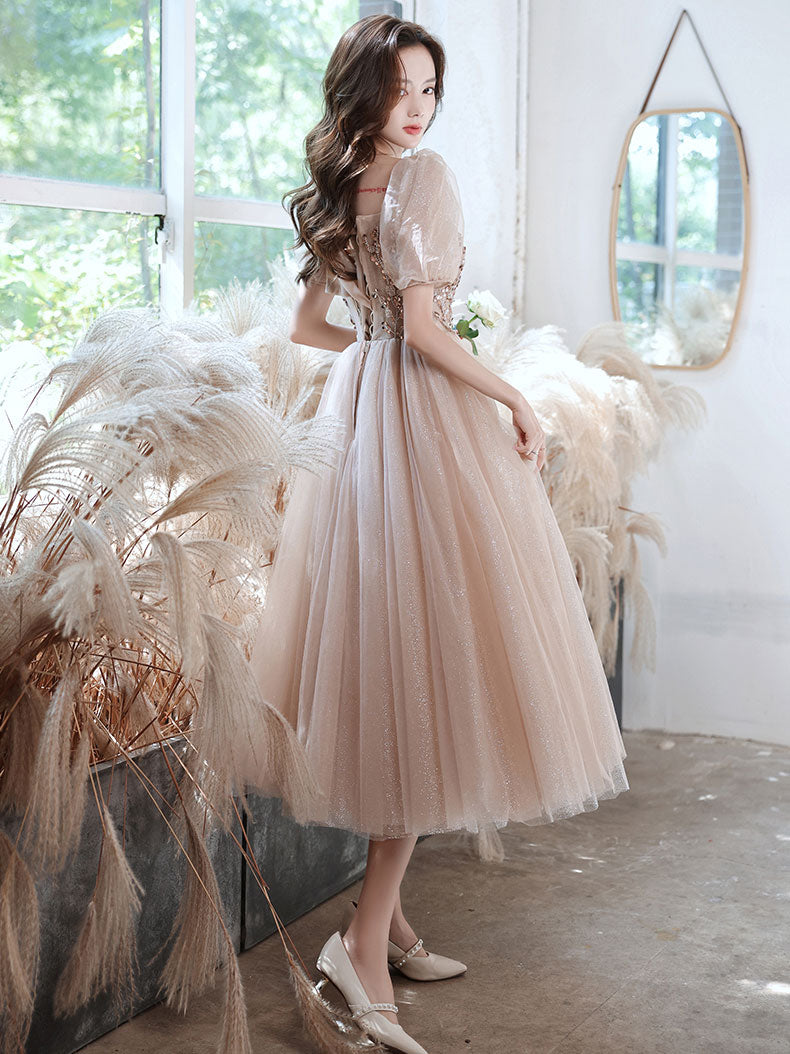 Champagne A-line Tulle Beads Prom Dress, Tulle Bridesmaid Dress