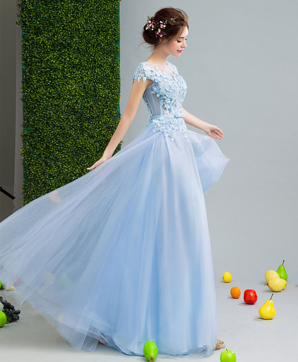 Sky Blue Lace Tulle Long Prom Dress, Lace Evening Dress