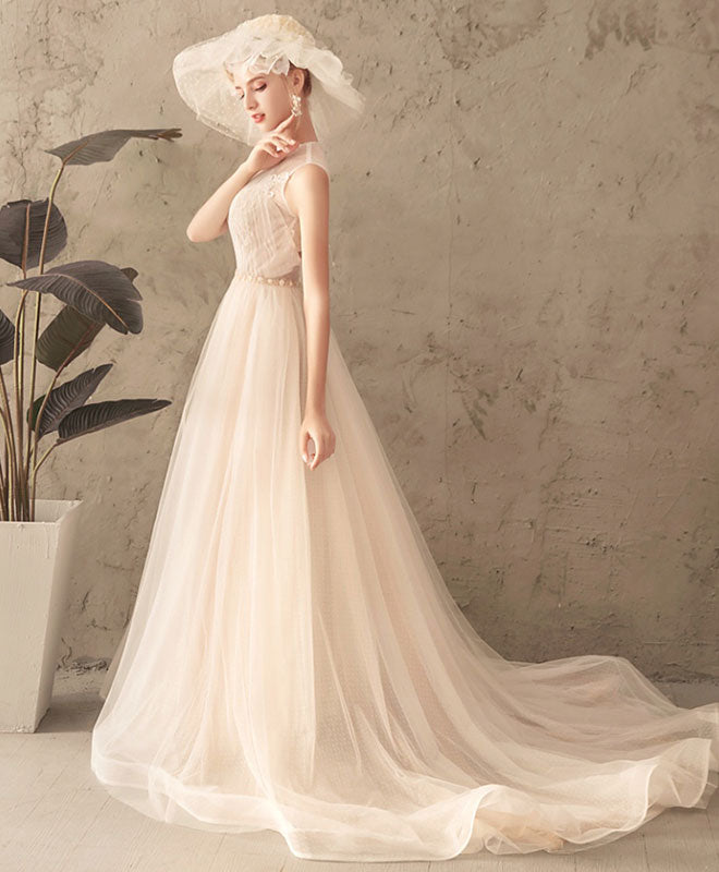 A-Line Tulle Lace Long Prom Dress, Tulle Lace Wedding Dress