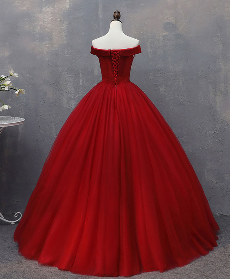 Burgundy Tulle Lace Off Shoulder Long Prom Gown Burgundy Evening Dress