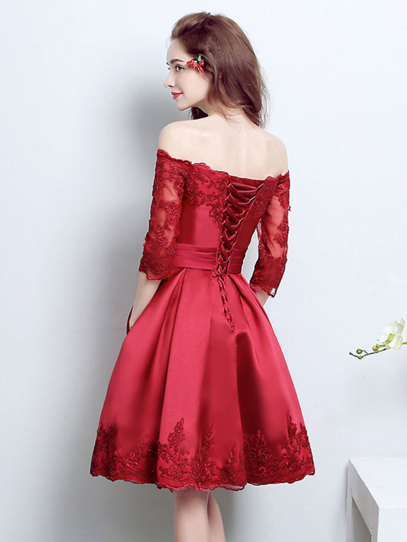 Burgundy Lace Satin Short Prom Dress, Burgundy Bridesmaid Dress